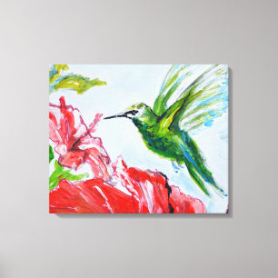 Toile Colibri vert et Hibiscus rouge