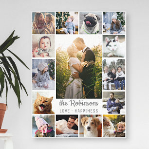 Toile Collage de photos de famille 15 photos + Nom Gris