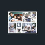 Toile Collage de photos de famille monogrammé 7 photos b<br><div class="desc">Affichez vos souvenirs de famille ou de mariage avec ce beau collage de photos sur toile blanche avec un carré gris-bleu derrière votre monogramme. Le design comprend de la place pour 7 photographies : 2 grandes horizontales, 2 verticales moyennes et 3 carrées plus petites de style Instagram. Ajoutez votre lettre...</div>