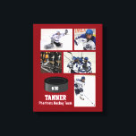 Toile Collage photo de hockey personnalisé Nom de l'équi<br><div class="desc">Ce collage de hockey présente vos 5 photos et le nom de votre joueur ou de votre équipe et ajoute un numéro. Modifiez la couleur de l'arrière - plan pour qu'elle corresponde aux couleurs de votre équipe. Un excellent moyen de célébrer la saison et le dur travail de votre joueur....</div>