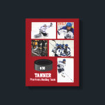 Toile Collage photo de hockey personnalisé Nom de l'équi<br><div class="desc">Ce collage de hockey présente vos 5 photos et le nom de votre joueur ou de votre équipe et ajoute un numéro. Modifiez la couleur de l'arrière - plan pour qu'elle corresponde aux couleurs de votre équipe. Un excellent moyen de célébrer la saison et le dur travail de votre joueur....</div>