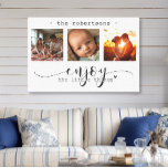 Toile Collage photo moderne Profitez des petites choses<br><div class="desc">Ce magnifique tableau mural en toile présente un magnifique collage photo à trois images présentant des souvenirs chéris, orné du message sincère "Profitez des petites choses". L'élégant design noir et blanc, combiné à un script exquis et à une typographie d'impression, crée une pièce sophistiquée et durable qui complètera n'importe quel...</div>