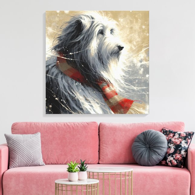 Toile Collie À Poils Avec Écharpe D'Hiver À Rayures (Insitu(Salon))