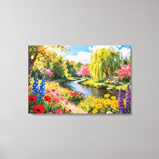 Toile Colorful Flower Garden River Spring Landscape Art (Recto)