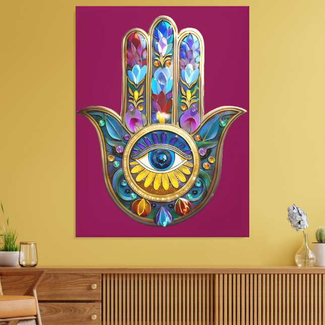 Toile Colorful Petals Leaves Hamsa Sapphire Third Eye (Insitu(Salon))