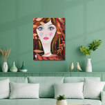 Toile Colorful Whimsical Face Painting Lady Leaves<br><div class="desc">A bright and Colorful painting of a whimsical girl with large eyes,  and black hair with red and yellow highlights. Leaf,  star and heart motifs complete the picture.</div>