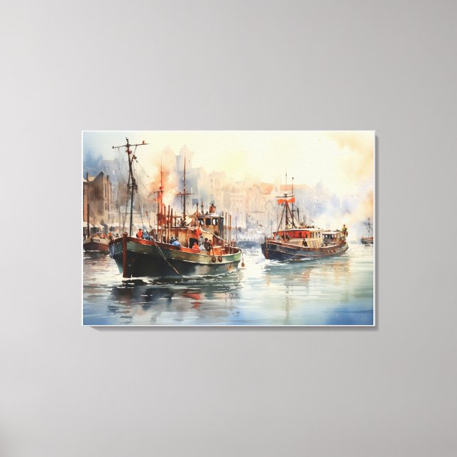 Toile constitution Bustling Tug boats Watercolor (Recto)