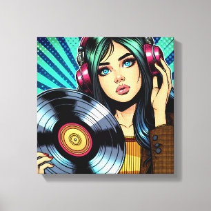 Toile Cool Pop Art Comic Style Girl avec Album de Vinyl