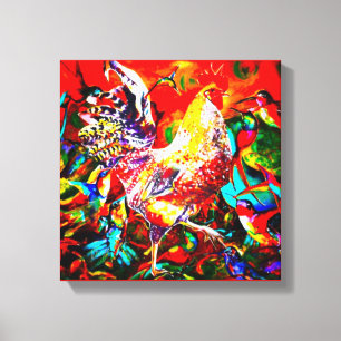 Toile "Coq et colibris d'un matin le plus coloré"
