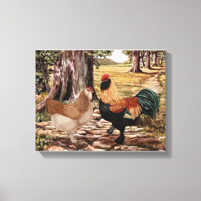 Toile Coq Saumon faverolle et poule en milieu boisé (Recto)