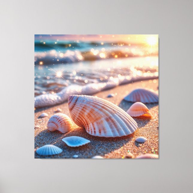Toile Coquillages sur le sable avec des vagues d'océan s (Recto)