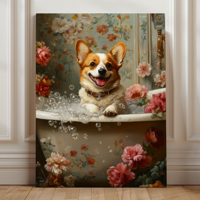 Toile Corgi Bain Moussant Joie (Corgi Bubble Bath Joy – Whimsical Floral Dog Bathroom Art by Nicole Cossairt)