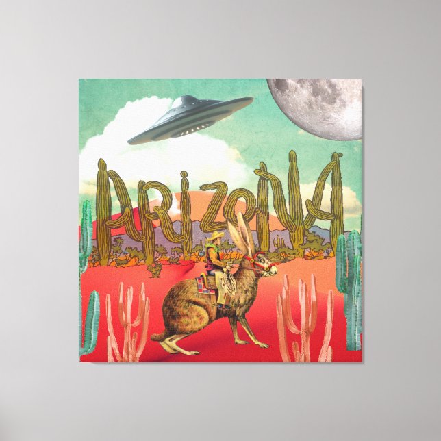 Toile Cosmic Cowboy Arizona Jackalope Surreal Collage (Recto)