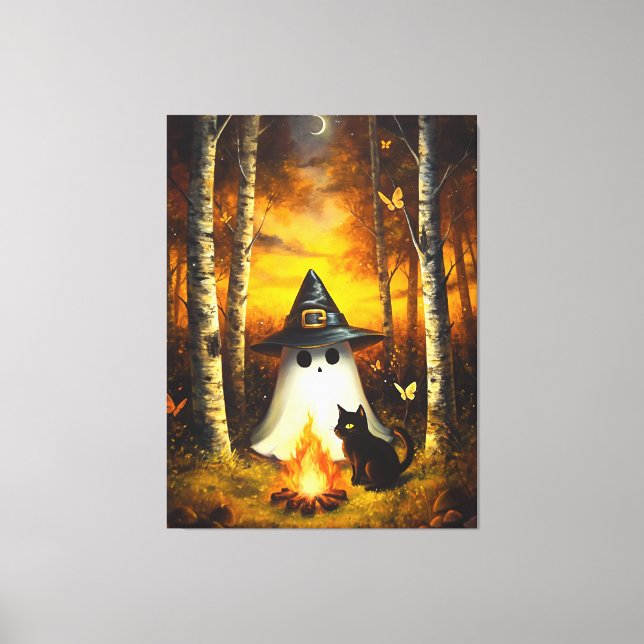 Toile Cosy Halloween Ghost & Black Cat Campfire Art (Recto)