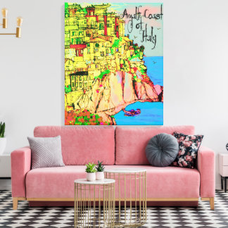 Toile Côte d'Amalfi en Italie maisons pastel falaise mer