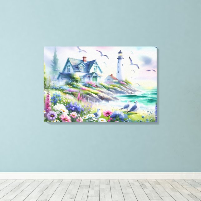 Toile Cottage balnéaire et phare aquarelle (Insitu (Plancher de Bois))
