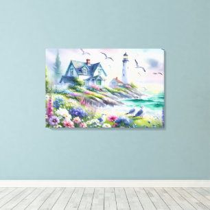 Toile Cottage de bord de mer et aquarelle du phare