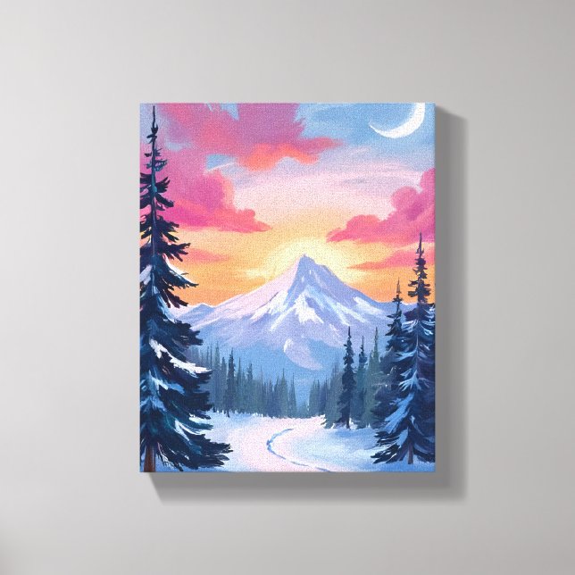 Toile Coucher de soleil au sommet enneigé | Peinture de  (Recto)