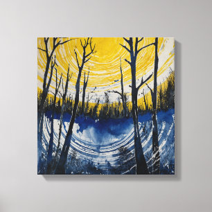 Toile Coucher de soleil bleu jaune forêt Aquarelle mur a