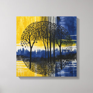 Toile Coucher de soleil bleu jaune forêt Aquarelle mur a
