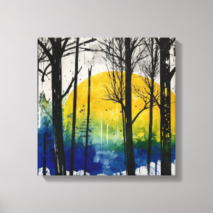 Toile Coucher de soleil bleu jaune forêt Aquarelle mur a