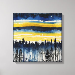 Toile Coucher de soleil bleu jaune forêt Aquarelle mur a