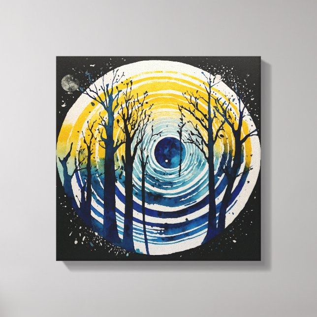 Toile Coucher de soleil bleu jaune forêt Aquarelle mur a (Recto)