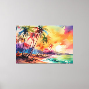 Toile Coucher de soleil coloré à l'aquarelle Tropical XL