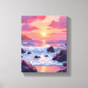 Toile Coucher de soleil corail rose   Vagues océaniques 