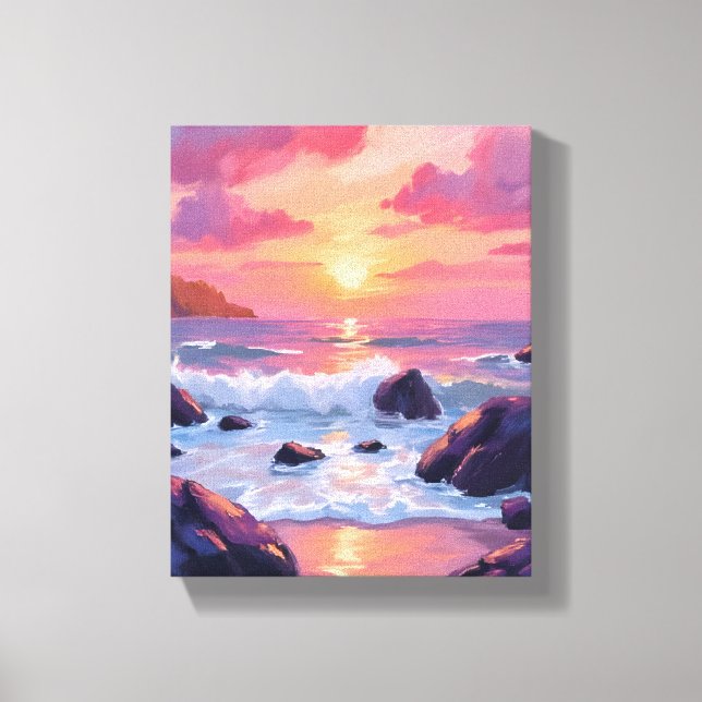 Toile Coucher de soleil corail rose | Vagues océaniques  (Recto)