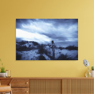 Toile Coucher de soleil dramatique, plage, dunes de sabl