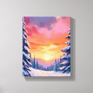 Toile Coucher de soleil enneigé d'hiver   Peinture à l'a