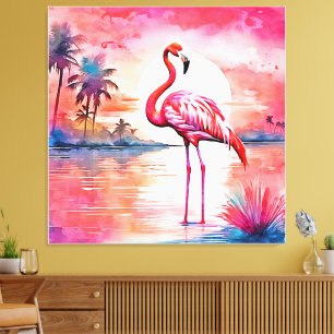 Toile Coucher de soleil Flamant rose rose