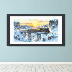 Toile Coucher de soleil hivernal – Train à vapeur sur un