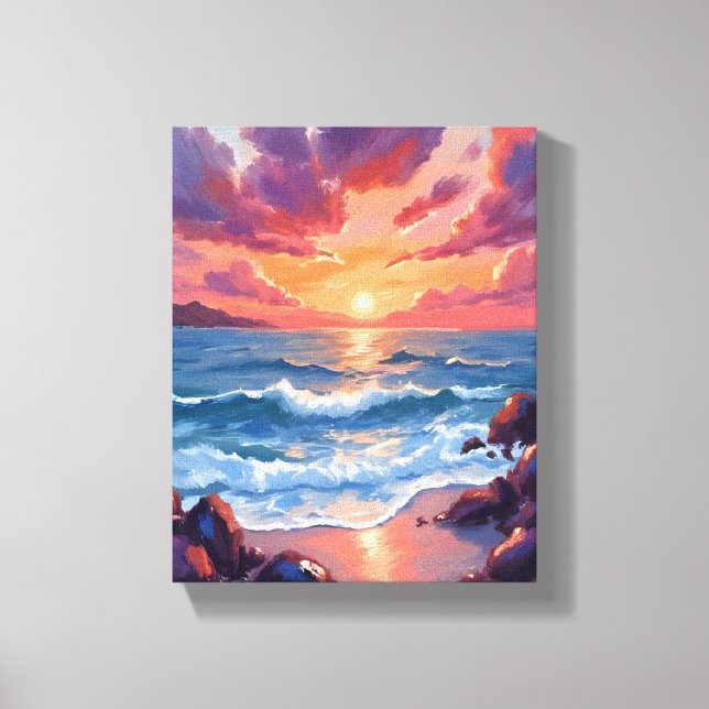 Toile Coucher de soleil océanique aquarelle plage côtièr (Recto)