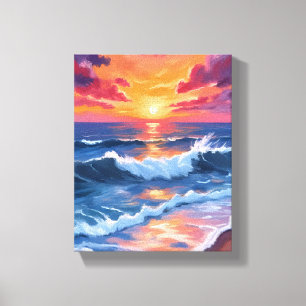 Toile Coucher de soleil océanique Plage Vagues Aquarelle