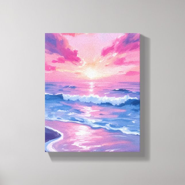 Toile Coucher de soleil océanique rose vague aquarelle (Recto)