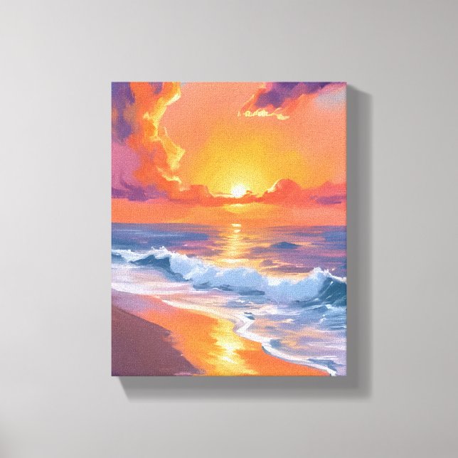 Toile Coucher de soleil orange plage océan peinture heur (Recto)