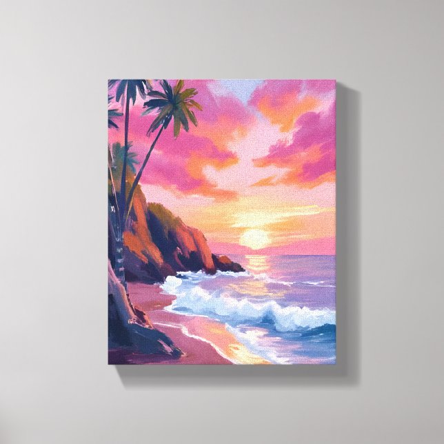 Toile Coucher de soleil rose tropical océan aquarelle (Recto)