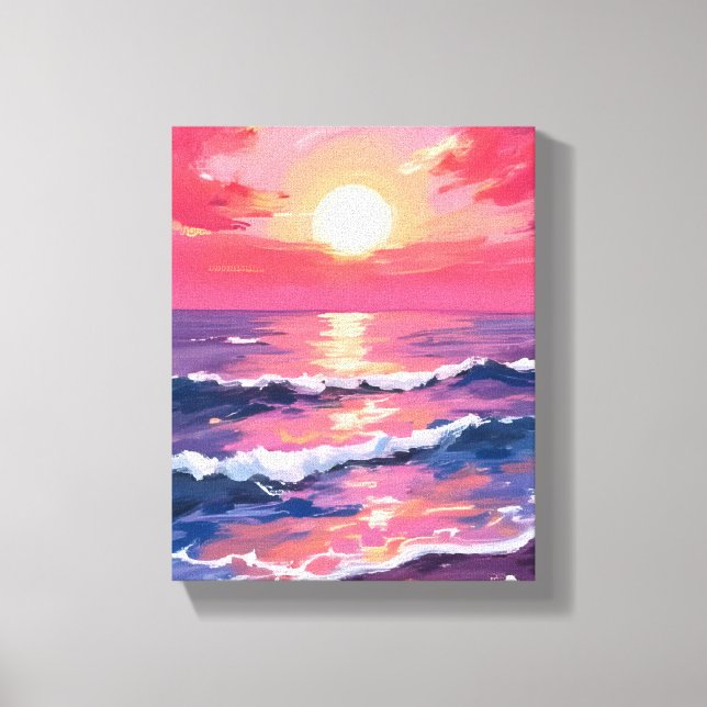 Toile Coucher de soleil rose vagues d'océan violet aquar (Recto)