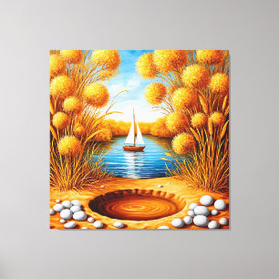 Toile Coucher de soleil serein sur un lac avec voilier