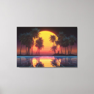 Toile Coucher de soleil sur la grille de palmiers au néo