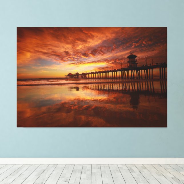 Toile Coucher de soleil sur la jetée de Huntington Beach (Insitu (Plancher de Bois))