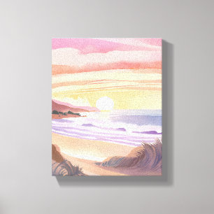 Toile Coucher de soleil sur la mer rose   Peinture aquar