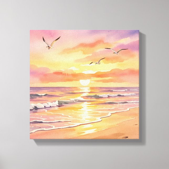 Toile Coucher de soleil sur la plage avec des oiseaux (Recto)