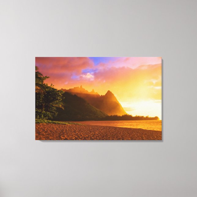 Toile Coucher de soleil sur la plage dorée, Hawaï (Recto)