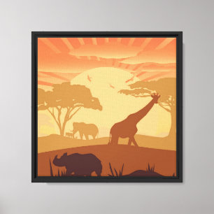 Toile Coucher de soleil sur la savane avec silhouettes d