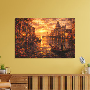 Toile Coucher de soleil sur le canal de Venise - Gondole