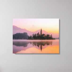 Toile coucher de soleil sur le lac de l'église