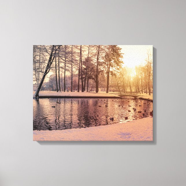 Toile Coucher de soleil sur le parc avec petit lac gelé  (Recto)